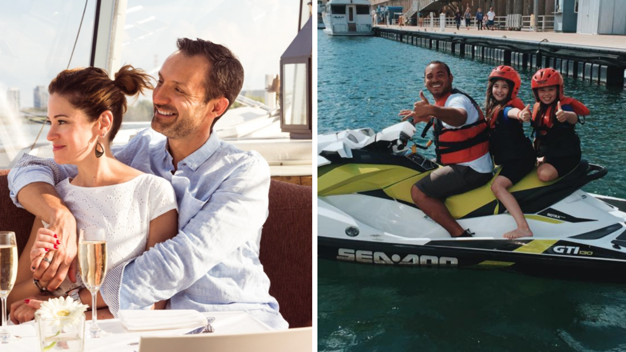 Two people embrace on a dinner cruise. Right: A father and two children on a Ski-Doo.