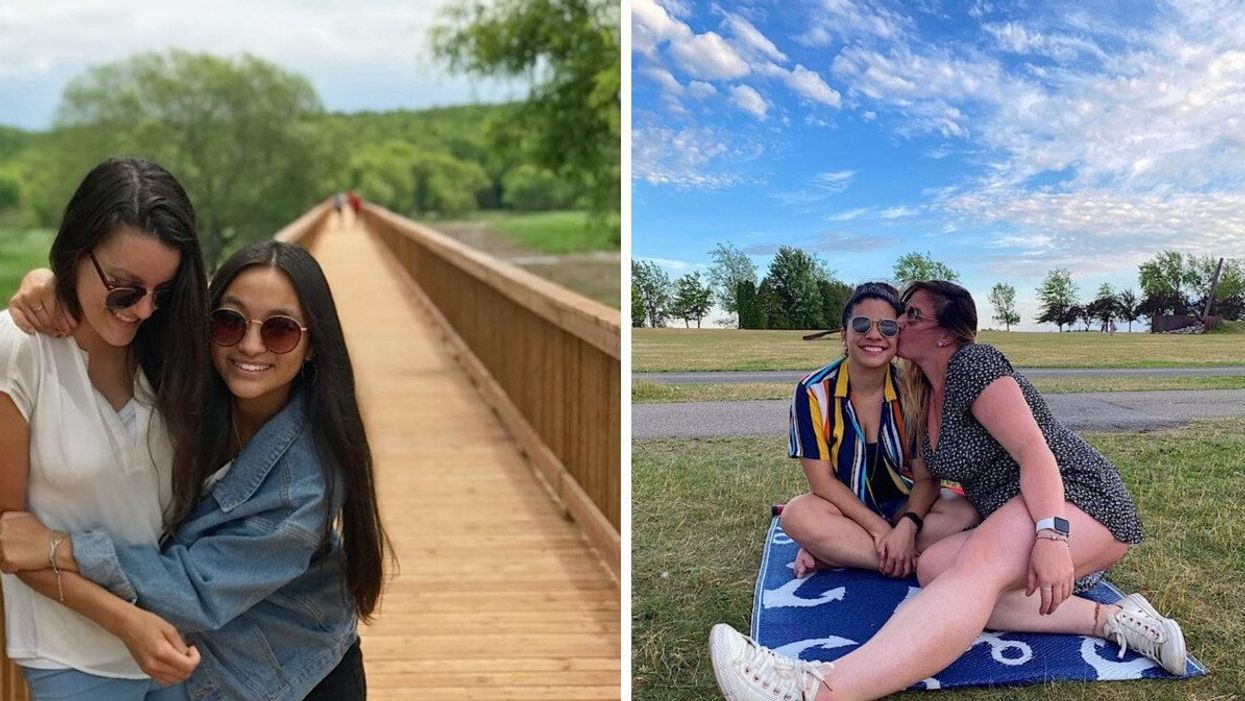 Two people embrace on the riverside boardwalk in Nicolet, QC. Right: Two people picnic in Montreal's Parc René-Lévesque.