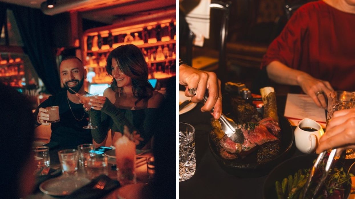 Two people enjoying cocktails at Sauvage in Montreal. Right: People enjoying steak and asparagus at Bar George in Montreal.