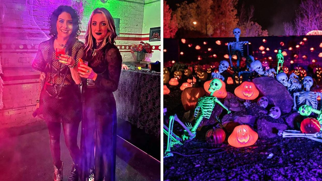 Two people hold drinks at a pop-up bar. Right, A light-up pile of skeletons and pumpkins.