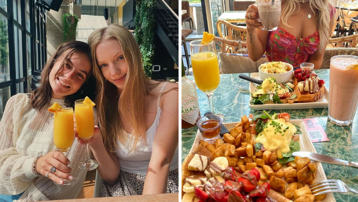 Two people hold up mimosas. Right: Two plates full of brunch food and a mimosa sitting on a restaurant table.