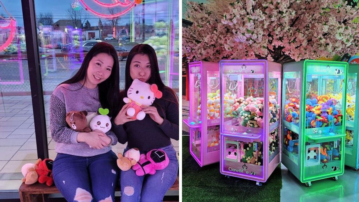 Two people hold up plushies. Right: Claw machines filled with stuffed toys.