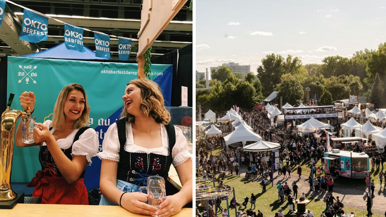 Two people in lederhosen smiling as beer is poured. Right: White tents and people in a large park.