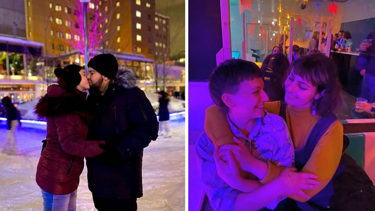 Two people kiss on the ice at Montreal's Esplanade Tranquille. Right: Two people embrace at Salon de quilles Darling in Montreal.