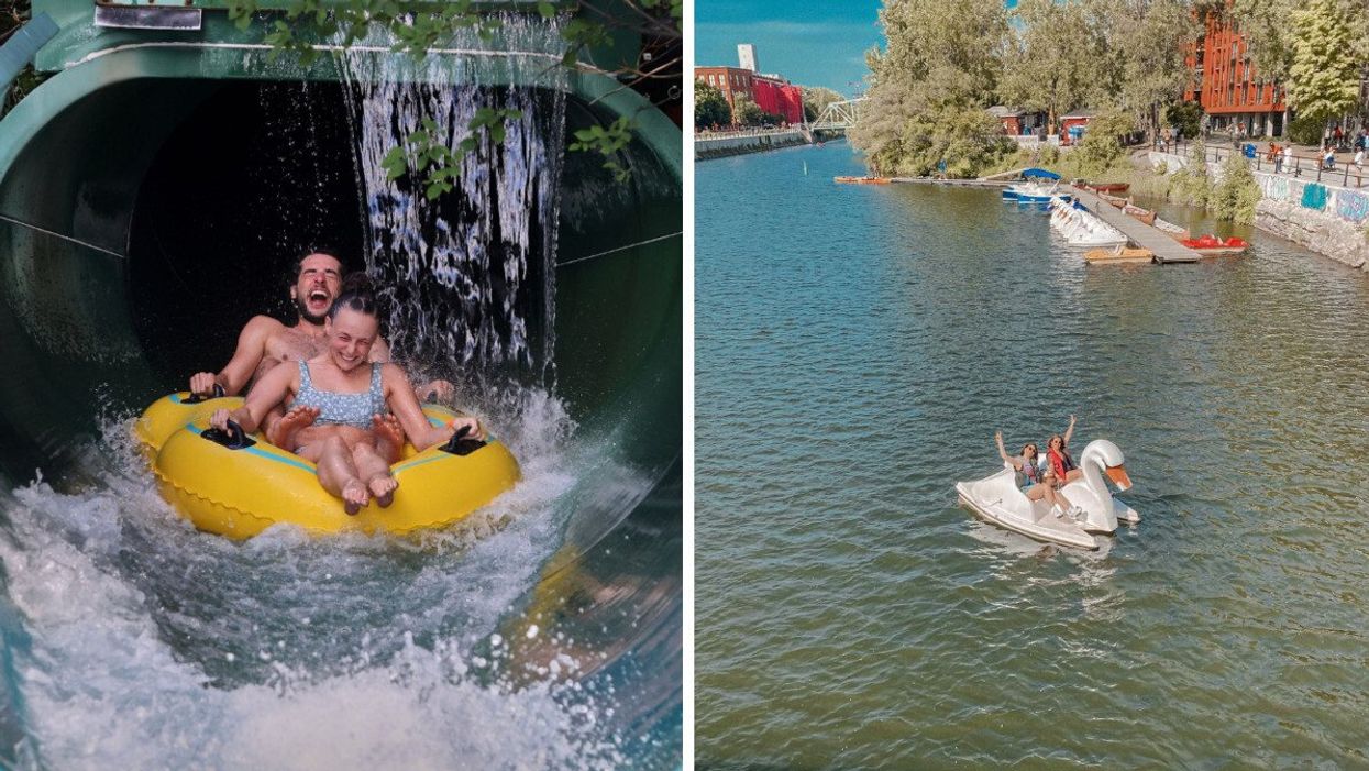 Two people life while riding a water slide. Right: Two people wave from a far distance on a swan peddle boat in Montreal.