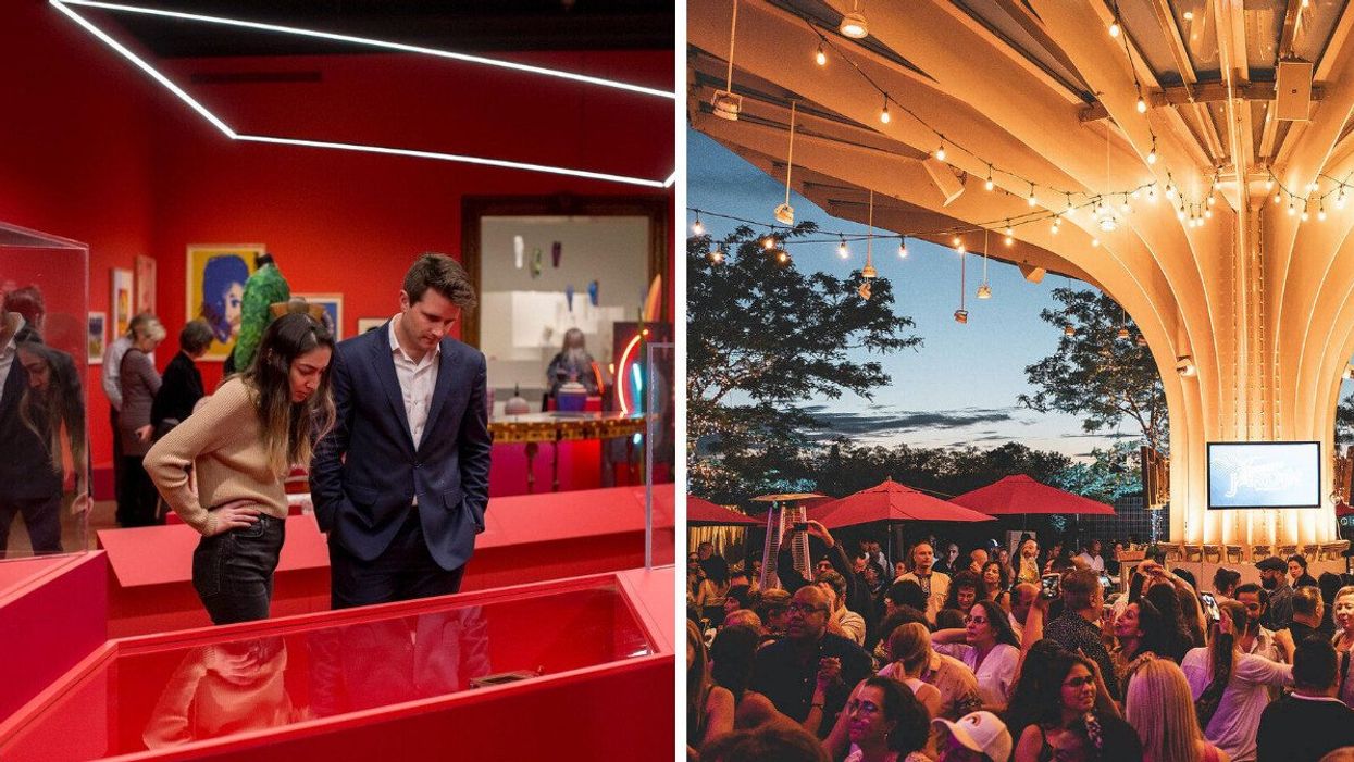 Two people look at a display in a red-walled museum room. Right: A crowded outdoor garden terrasse at sundown.