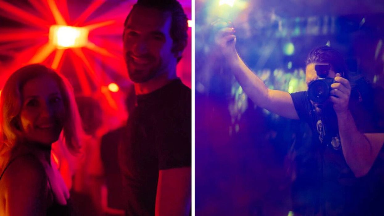 Two people on the dancefloor at Cabaret Berlin. Right: David with a camera and flash.
