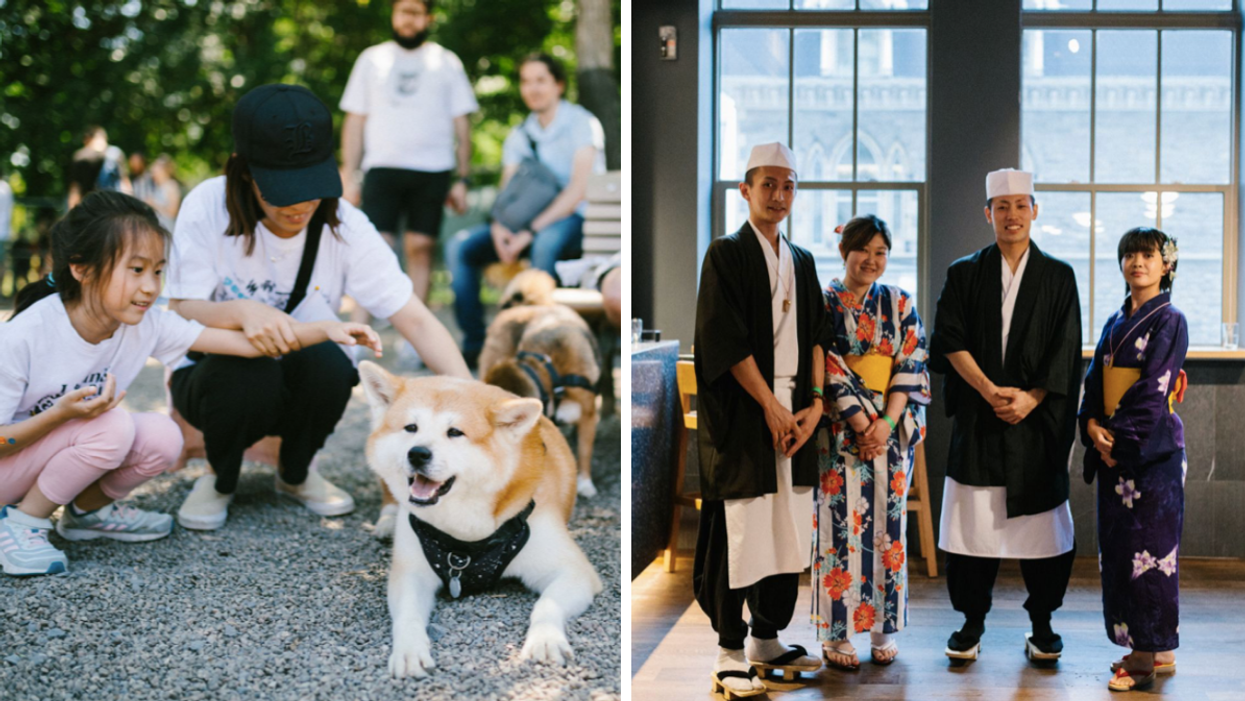 Two people pet a Shiba Inu dog during Japan Week Montreal 2022. Right: Four people at the opening of Japan Week Montreal 2022.
