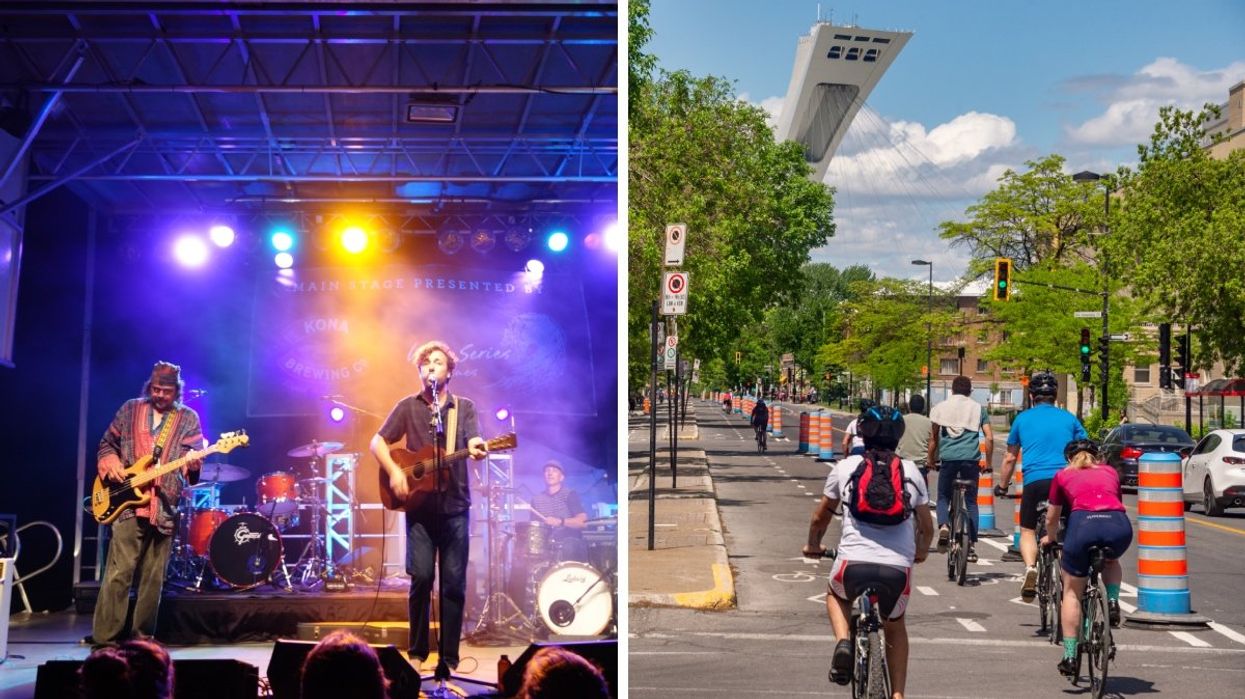 Two people playing guitar and singing on stage. Right: A group of people biking on a Montreal street with the Olympic tower in the background.