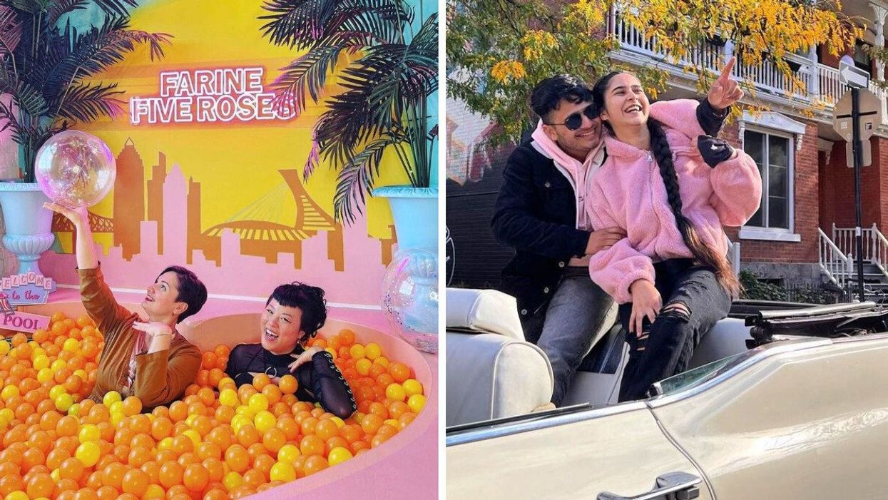 Two people pose in a heart-shaped ball pit at Le Saint Motel. Right: A couple sits on the back of a convertible Cadillac.