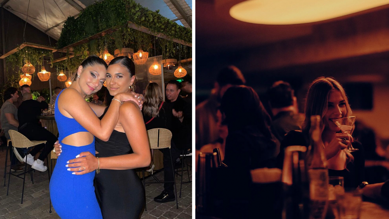 Two people posing at Greenwood supper club in Montreal, Right: Person drinking martini at 212 supper club in Montreal.