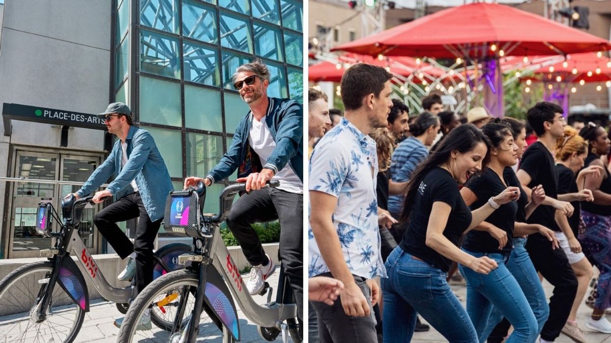 Two people riding Bixi bicycles outside of Place des Arts metro in Montreal. Right: People dancing salsa at Jardins Gamelin in Montreal. 