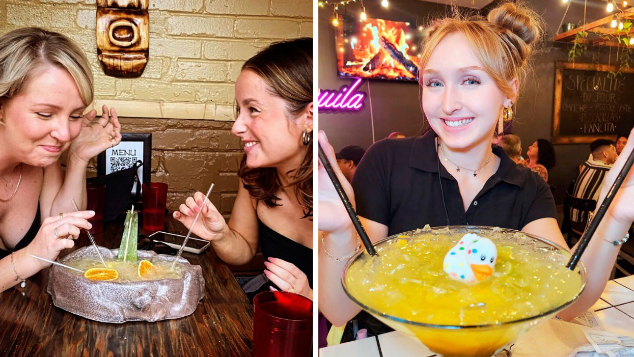 Two people sit in a bar, sipping on a large Tiki Bowl drink. Right: Someone with an enormous yellow cocktail topped with a rubber duck.