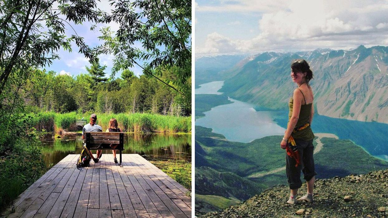 Two people sit on a bench at the end of a boardwalk. Right: Someone overlooks a valley with a river.