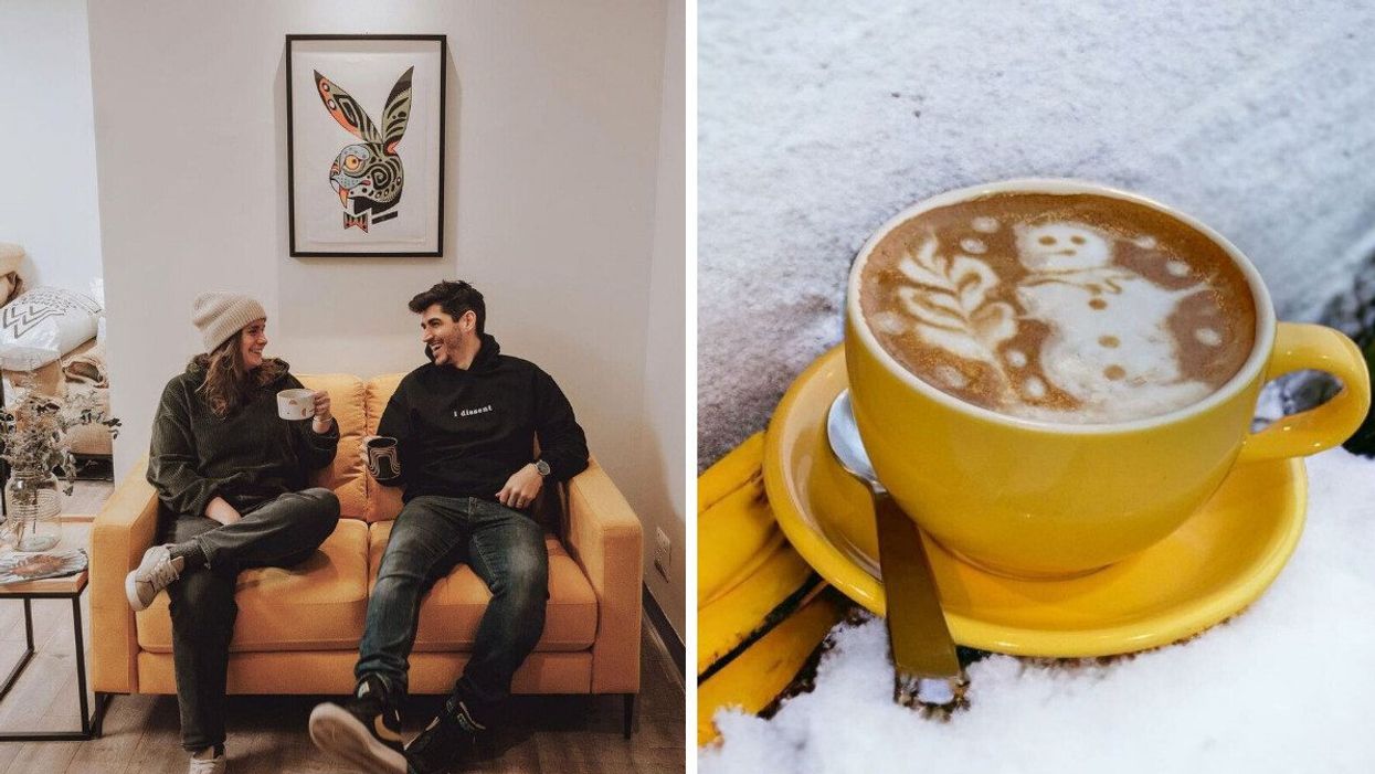 Two people sit on a couch holding cups of coffee. Right: A yellow cup in snow with latté art of a snowman.