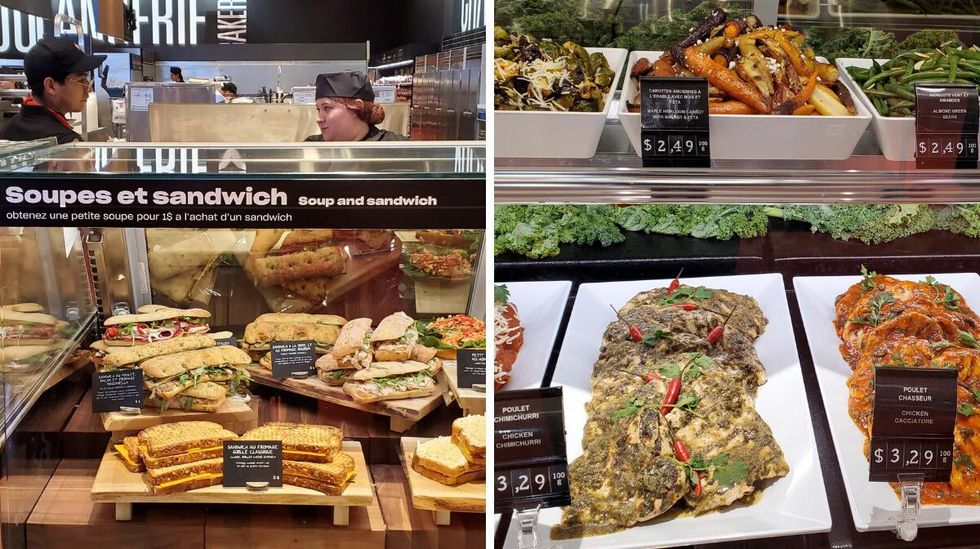 Two people stand behind the Provigo soup and sandwich station. Right: Dishes from the rotisserie counter.