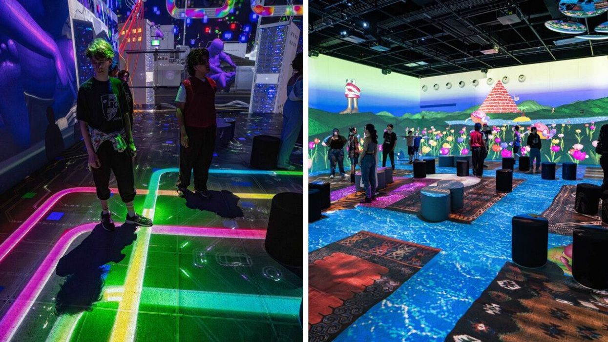 Two people stand on neon-coloured tube projections. Right: The floor projections in a large room look like water with floating carpets.