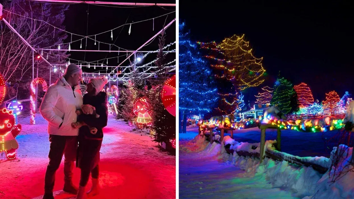 Two people stand outside, surrounded by sparkling lights. Right: Lit-up treats on a winter night.