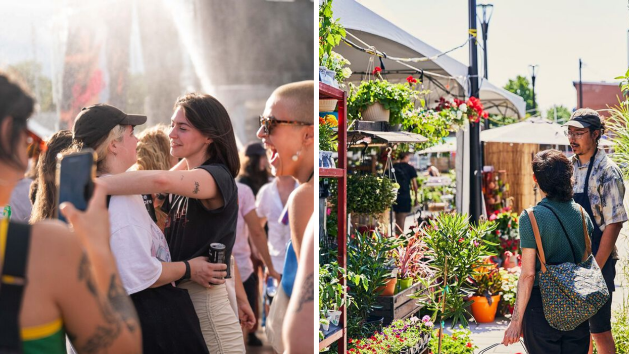 Two people standing in a crowd embrace. Right: Two people talk beside a plant-filled market stall.