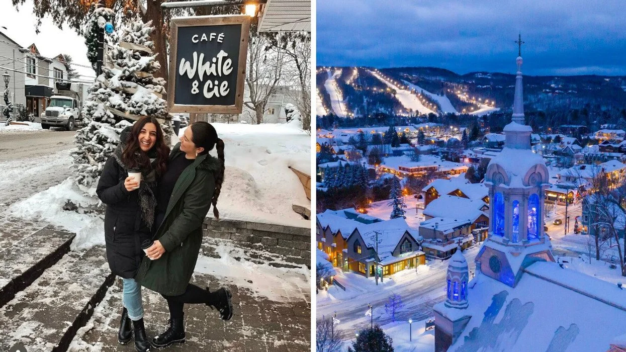 Two people standing on a snowy street. RIght: A snowy village at night.