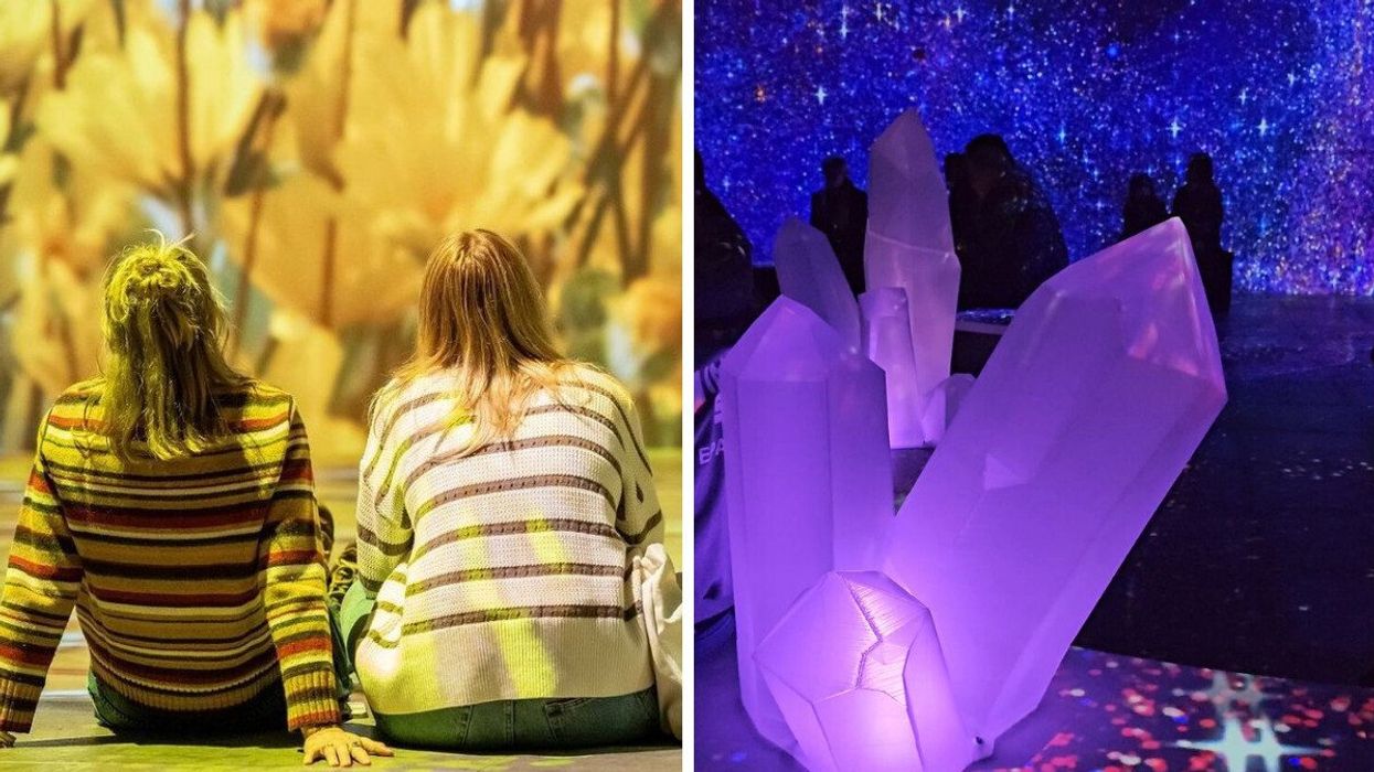 Two people watch a screen covered in yellow flowers. Right: A giant illuminated crystal surrounded by projections of a starry sky.
