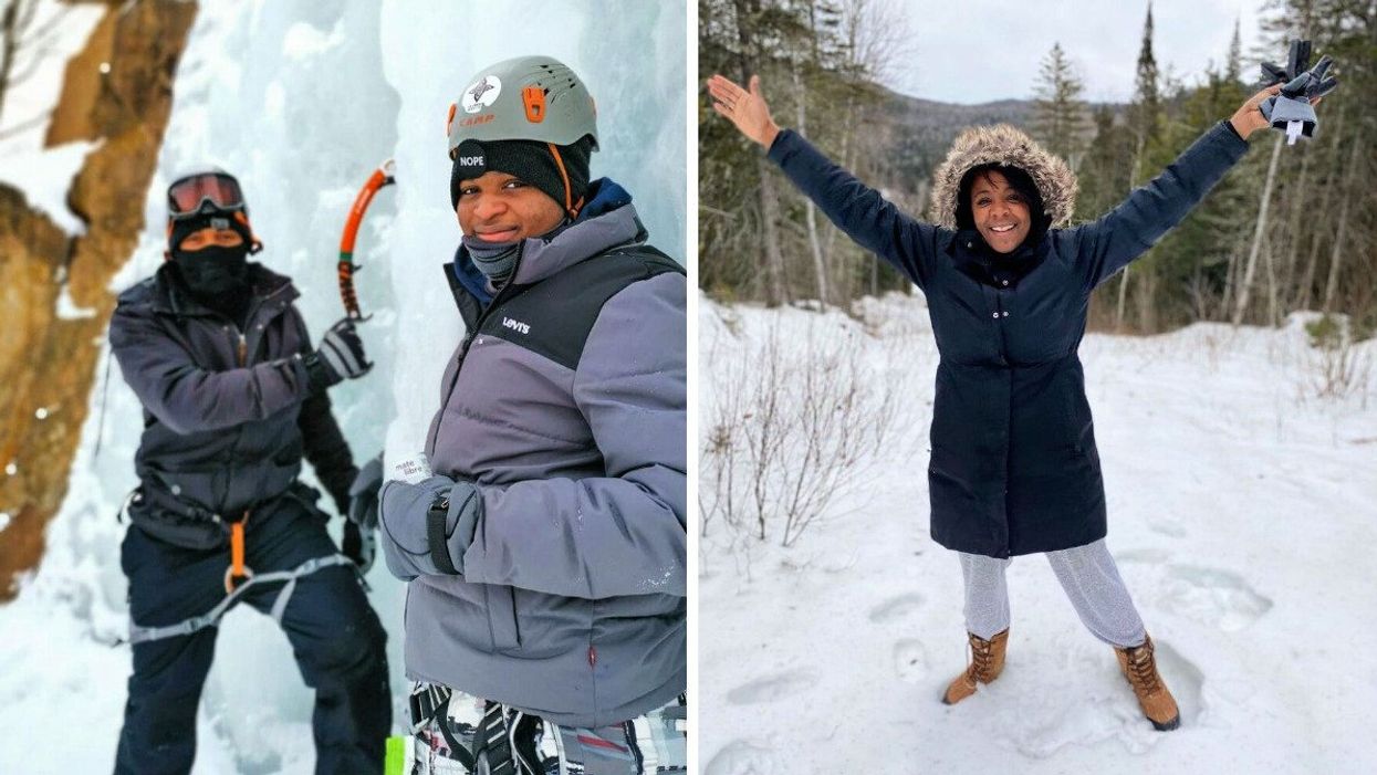 Two people wearing helmets in front of the ice climbing wall on Île Sainte-Hélène. Right: Someone with a beaming smile raises their arms in the snow.