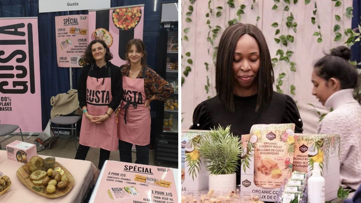 Two people wearing pink aprons at a booth for Gusta. Right: Someone behind a display of Chia's Organic at Montreal's Vegan Festival.