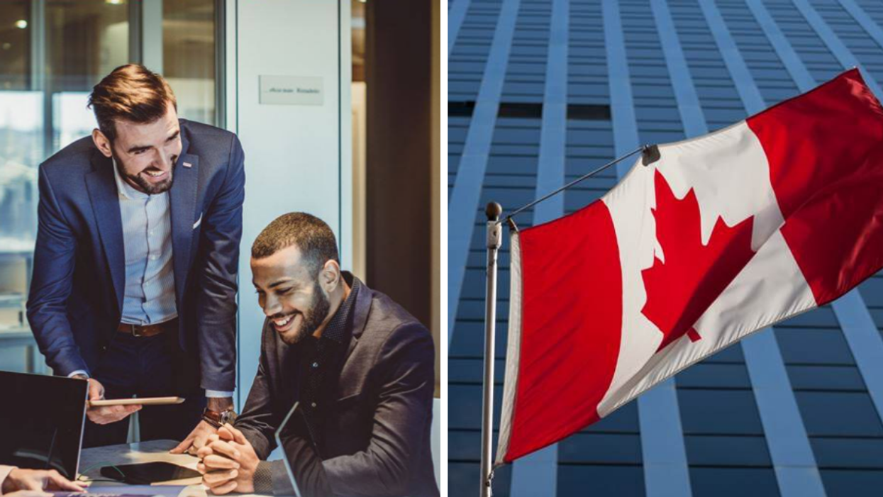 Two people working for the CSIS , Right: Government of Canada building with Canadian flag.