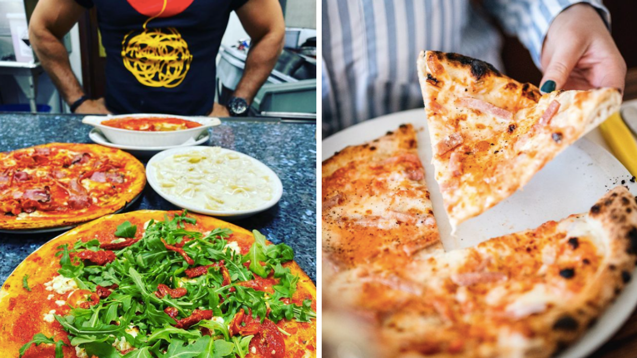 Two pizzas and other dishes made at Pizza Napoletana. Right: A pizza made at Pizzeria No.900.