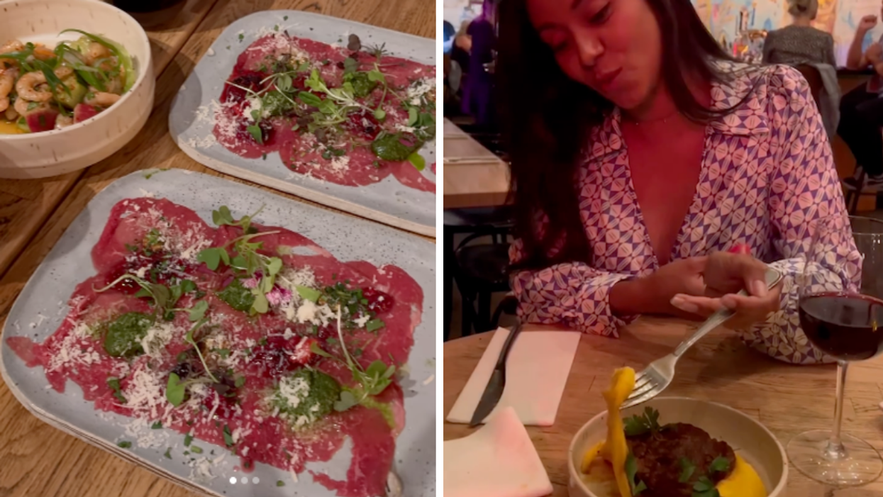 Two plates of beef carpaccio and a bowl of Asian-style shrimp in the background. Right: Someone holds a cheesy forkful of beef with aligot at a Montreal restaurant.