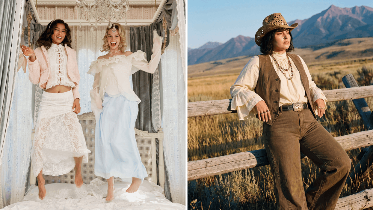 Two smiling women wearing SHEIN light coloured outfits jumping on a bed., Right: A woman dressed in a western themed outfit leaning against a wooden fence with mountains in the background.