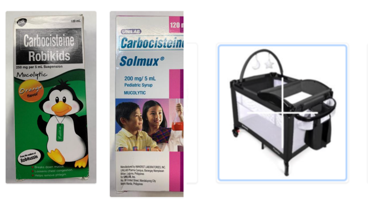 Two unauthorized mucus-thinning syrups that are currently being recalled. Right: A baby's playpen, also being recalled by Health Canada.