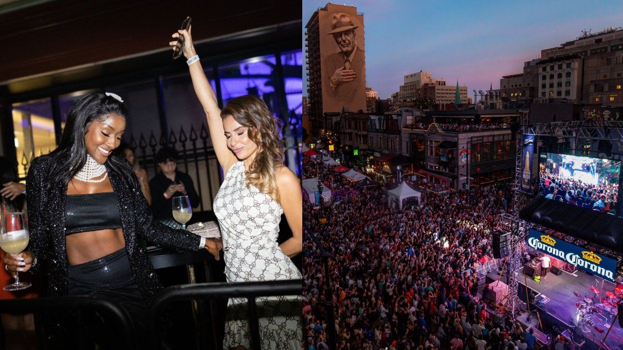 Two women dancing on a patio. Right: A crowd of people at a Grand Prix weekend concert in Montreal.