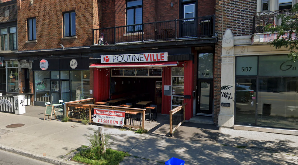 \u200b\u200bThe exterior of a Poutineville fast food restaurant in Montreal.