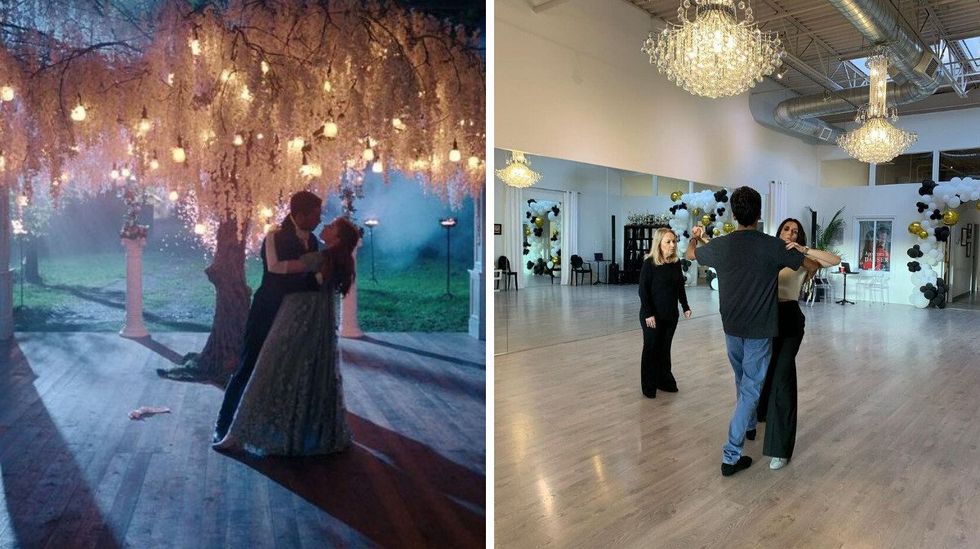 \u200bA couple dance under a flowering wisteria branch covered in lanterns. Right: Two people dance under chandeliers with an instructor nearby.