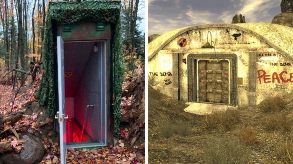 \u200bA door in the woods with a red light visible from below. Right: A concrete bunker covered in graffiti.