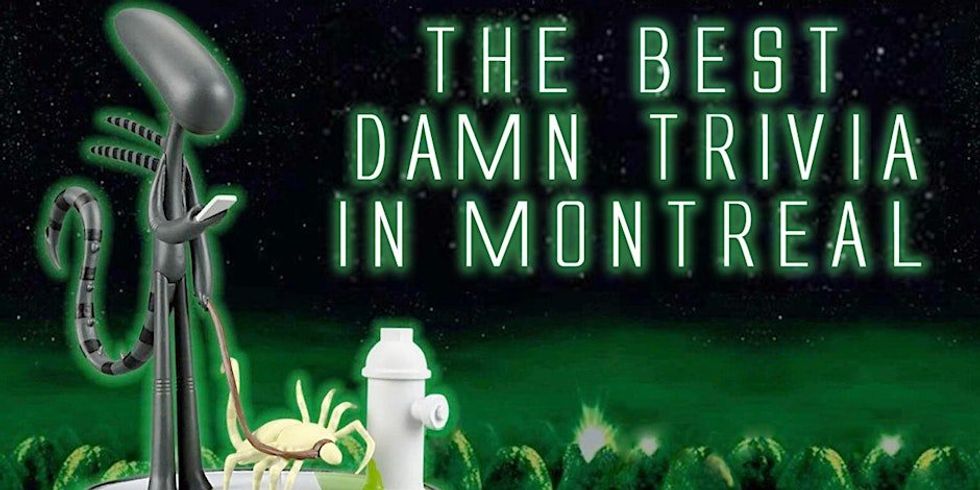 \u200bA graphic poster for a free trivia night in Montreal featuring an alien walking its pet scorpion.