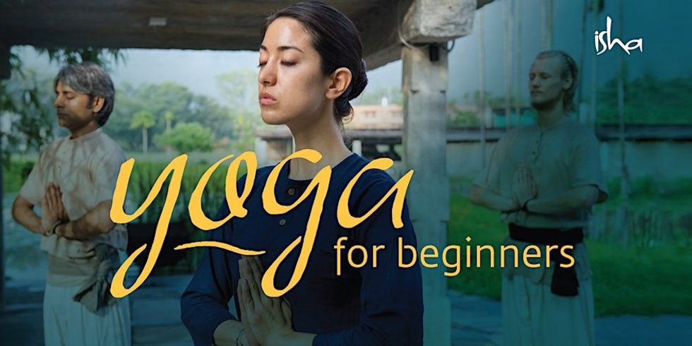 \u200bA group pf three people with their hands together in yoga poses.