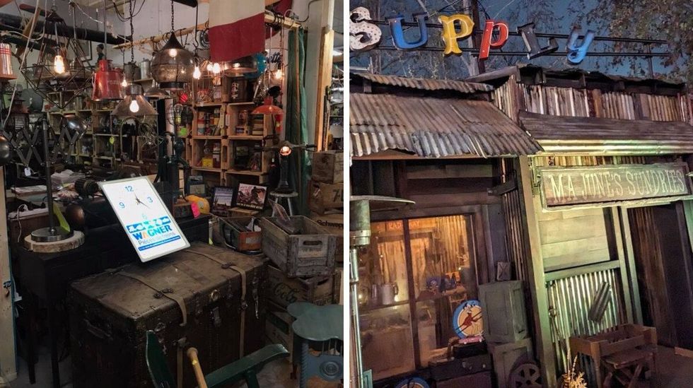 \u200bA kiosk inside the Montreal flea market filled with hanging lights and other vintage goods. Right: The tin-plated exterior of Ma June's Sundries in Fallout.