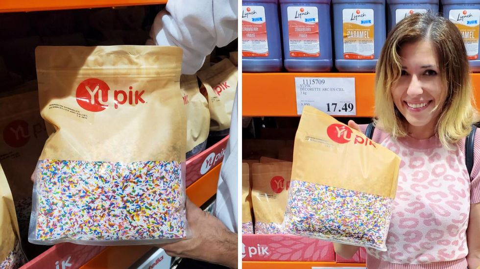 \u200bA large bag of rainbow sprinkles. Right: Someone holds up the bag for size.