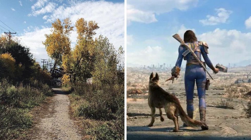 \u200bA path surrounded by greenery in the Mile End. Right: A Fallout character and dog facing a more desolate path.