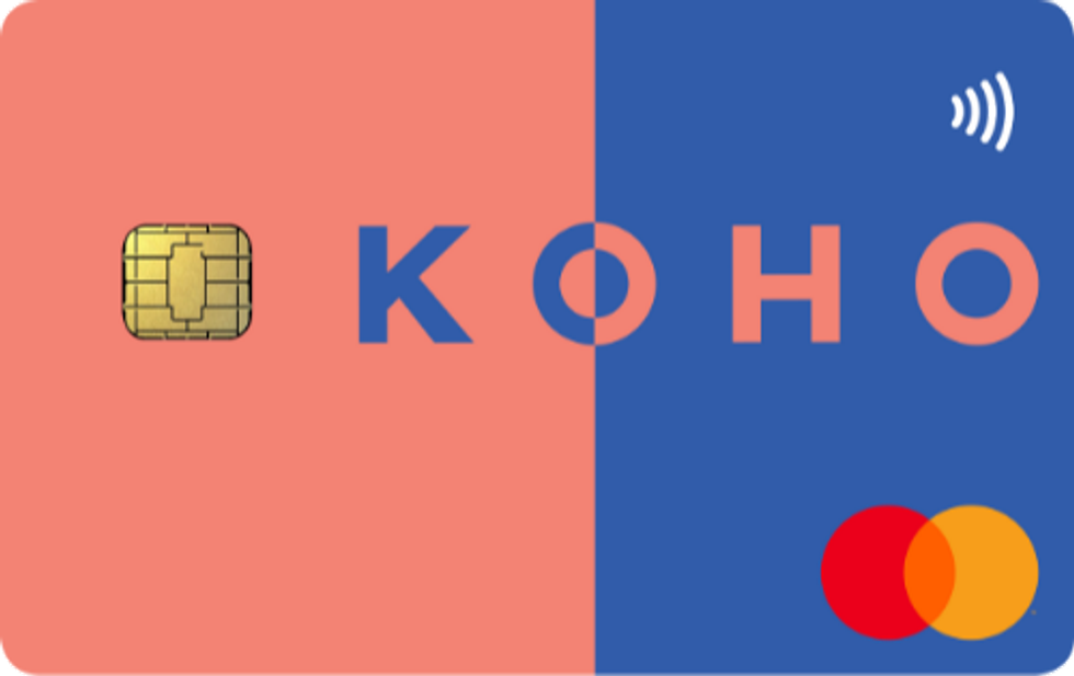 \u200bA peach and blue KOHO Prepaid Mastercard.