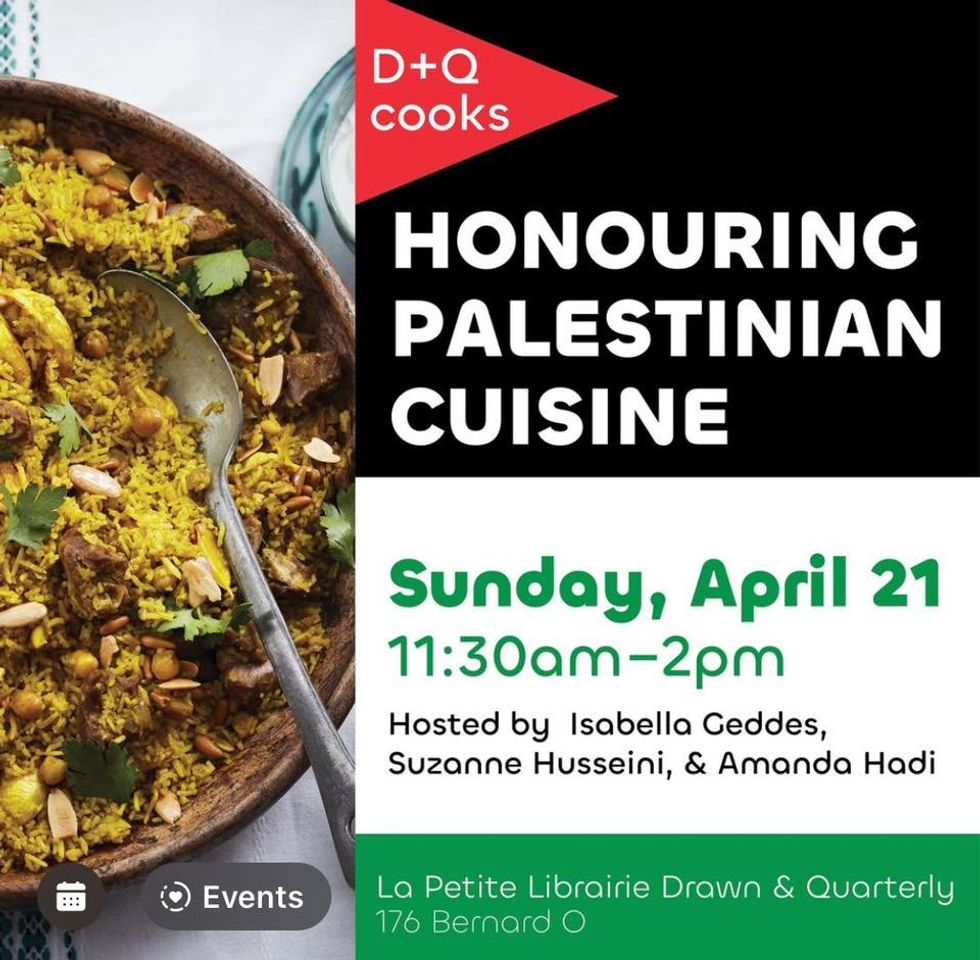 \u200bA poster for a Palestinian cuisine event at a Montreal bookstore.