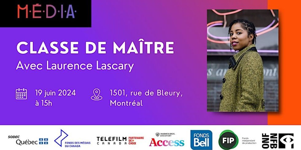 \u200bA poster for an upcoming film masterclass in Montreal featuring the event details and a photo of the host.