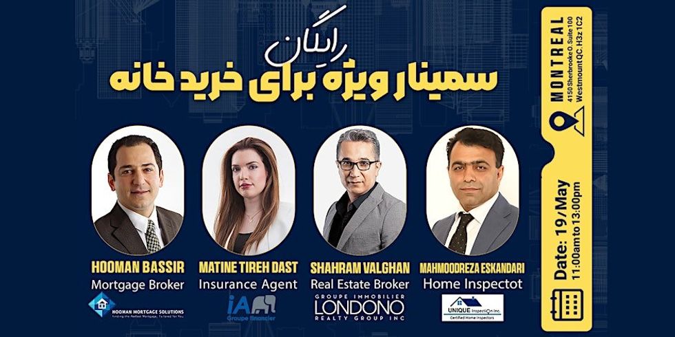 \u200bA poster for an upcoming first-time home owners seminar in Montreal featuring images of the four professionals that will be at the event.