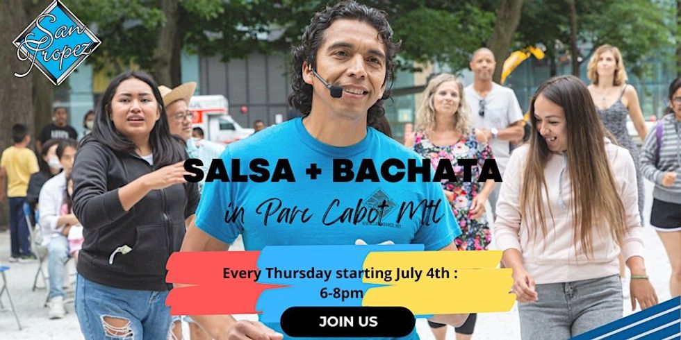 \u200bA poster for an upcoming free salsa lesson course in Montreal with people dancing.