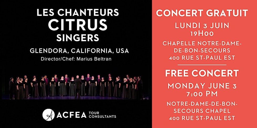 \u200bA poster for an upcoming musical performance in Montreal featuring event details and a choir singing on stage.