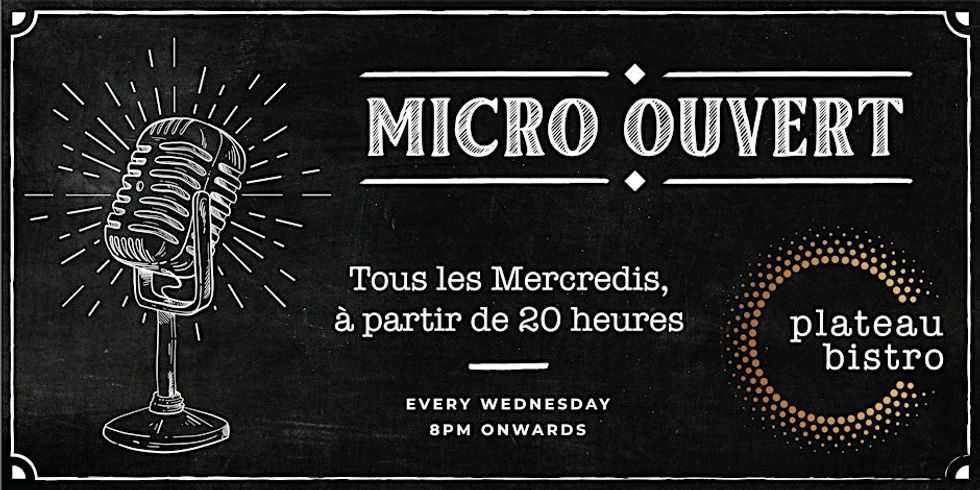 \u200bA poster for an upcoming open mic night in Montreal featuring details of the event and a vintage microphone graphic.
