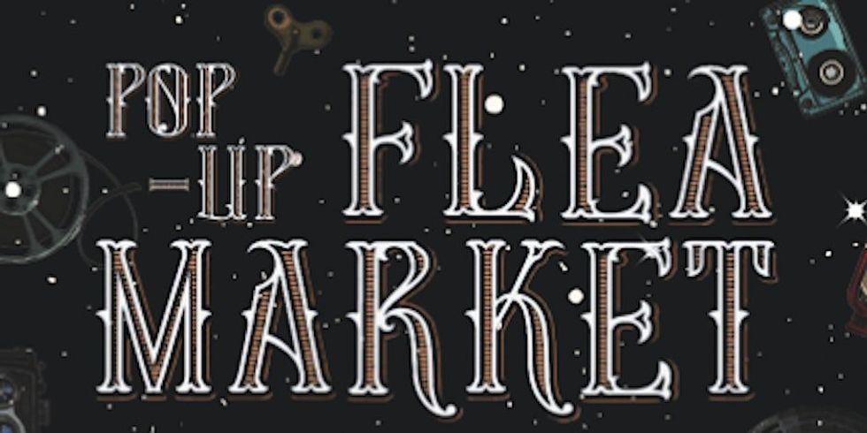 \u200bA poster for an upcoming pop-flea market in Montreal featuring graphics of coinage film reels and cameras.