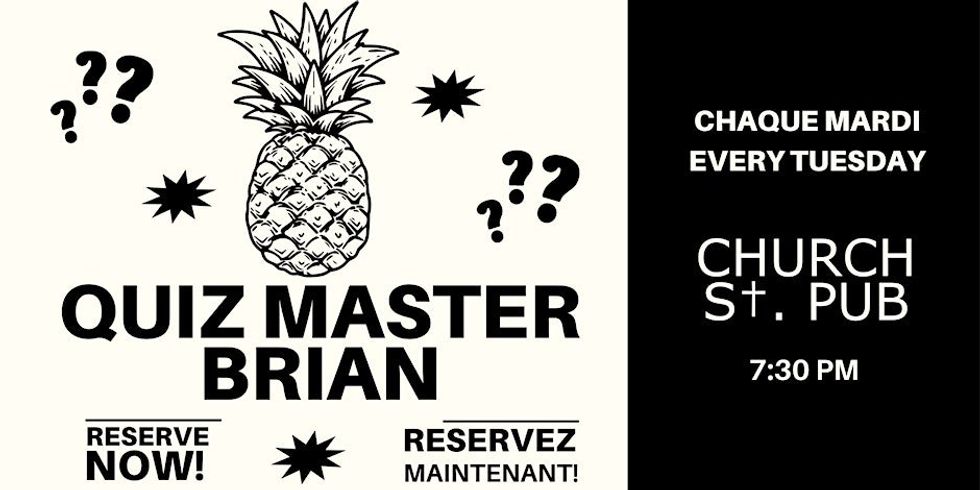 \u200bA poster for an upcoming quiz night in Montreal featuring the event details and a pineapple graphic.